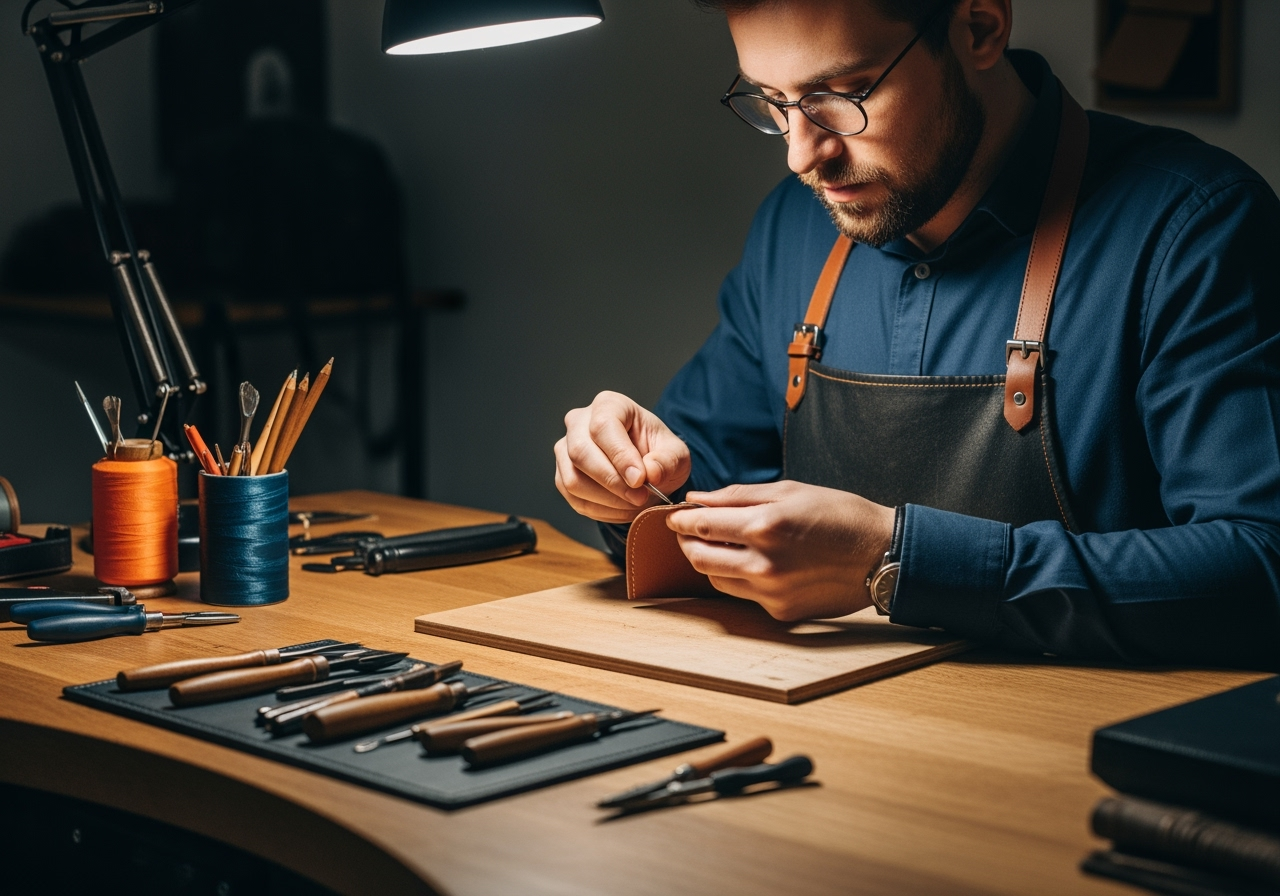 artisan leatherworker at a luxury workshop handsti