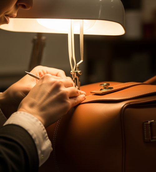 closeup of a luxury leather handbag being crafted