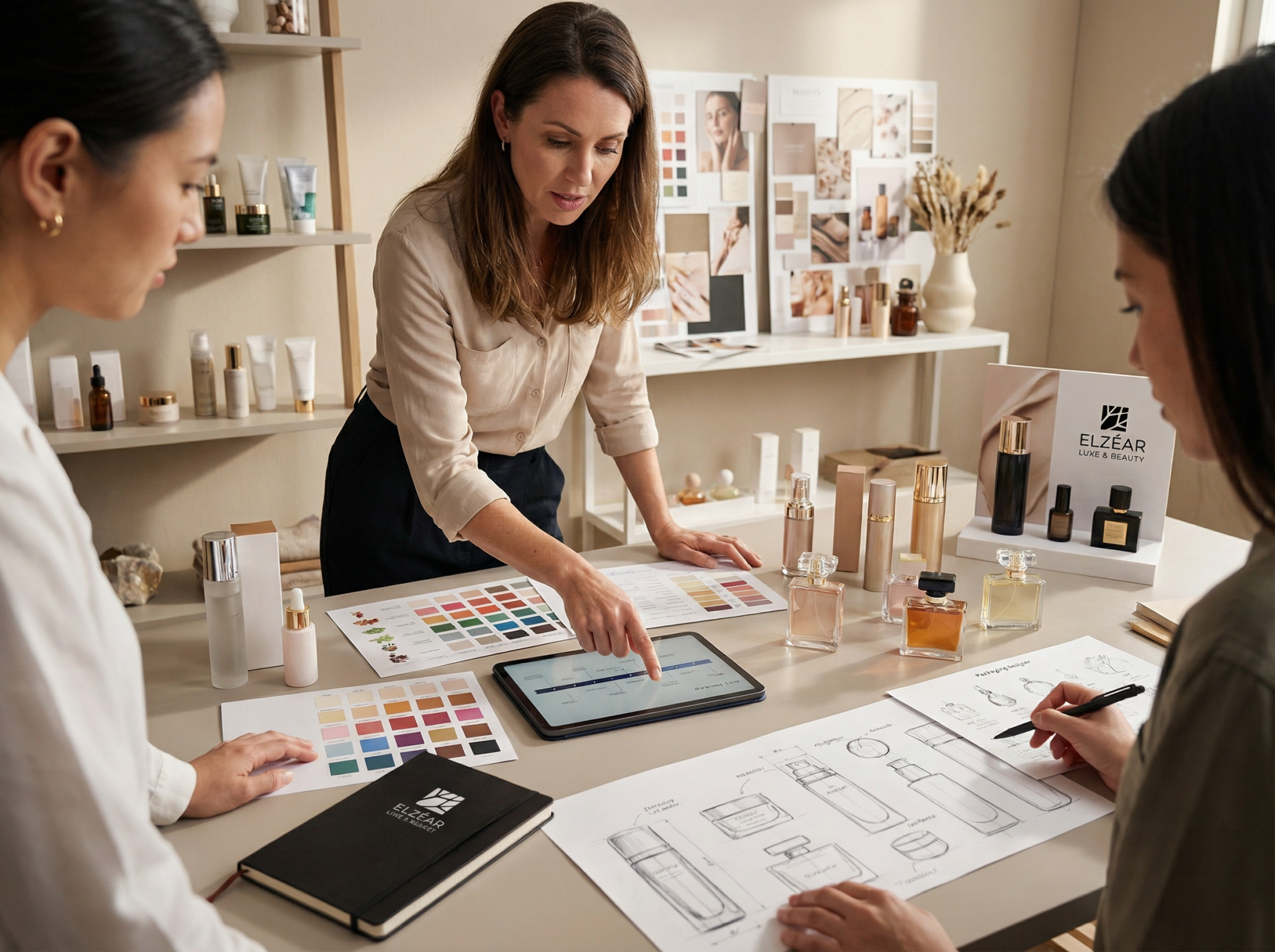 Réunion d’équipe sur la conception d’emballages cosmétiques.