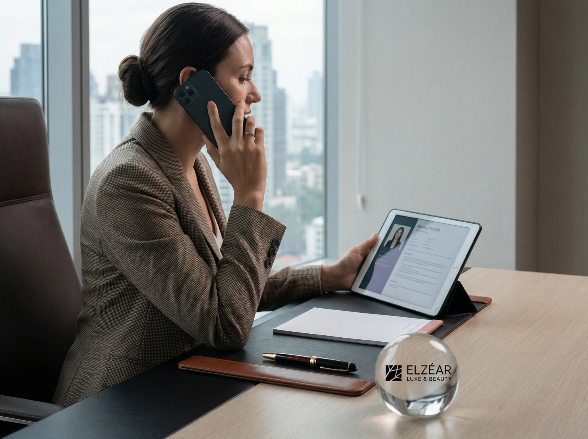Femme d’affaires au bureau avec tablette et téléphone