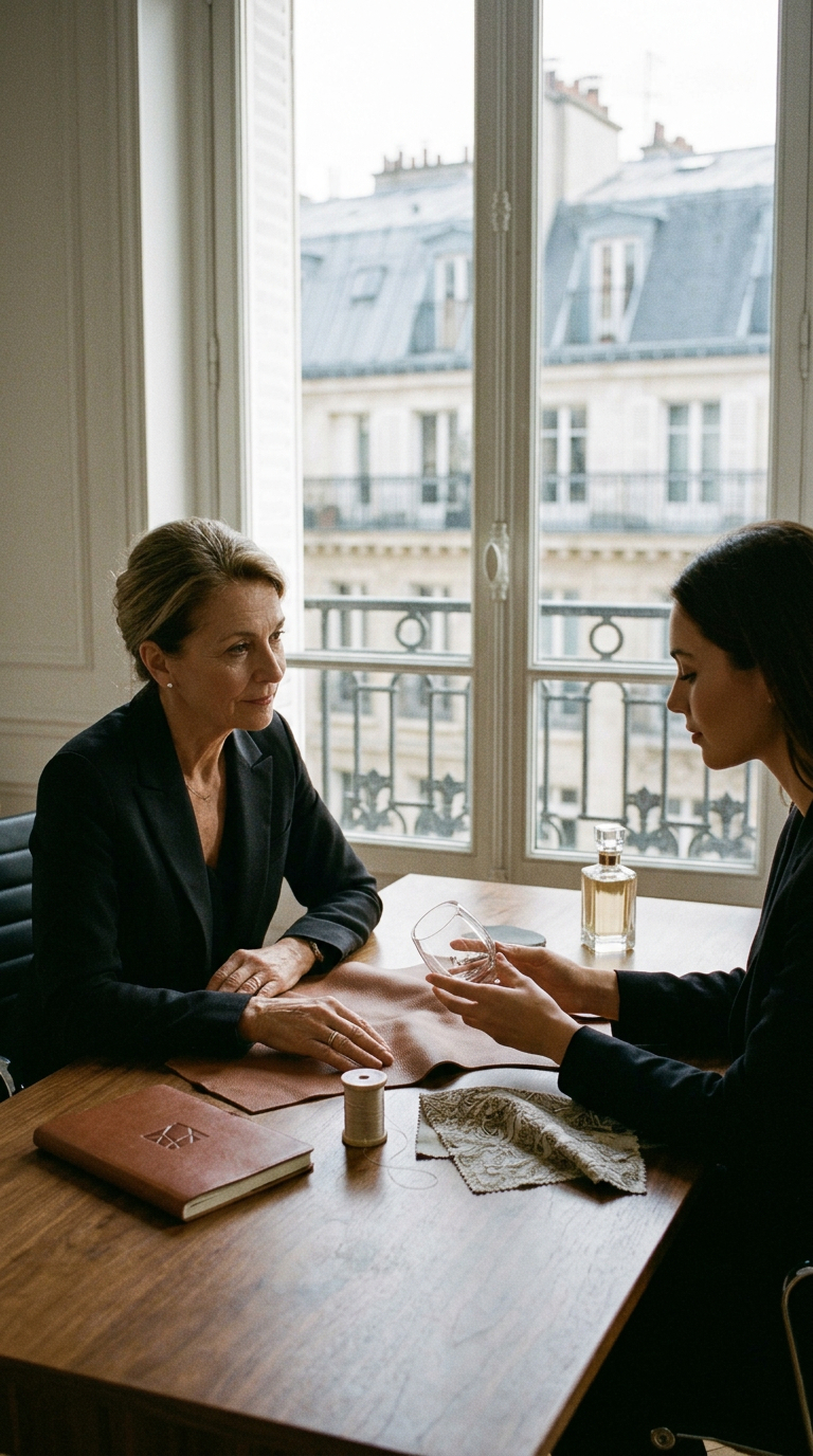 Deux femmes discutent dans un bureau lumineux.