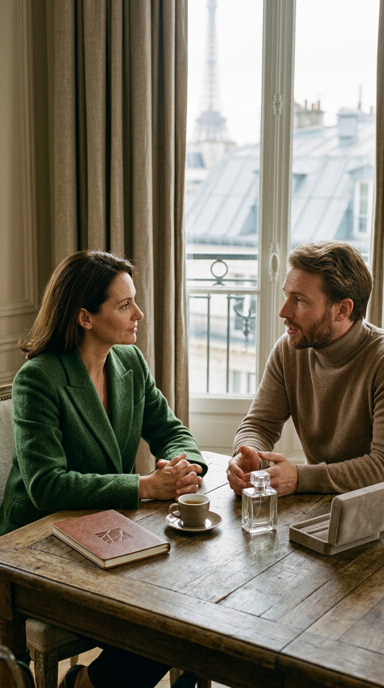 Deux personnes discutent autour d'une table à Paris