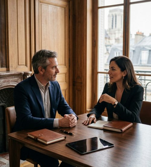 Deux collègues discutant dans un bureau lumineux