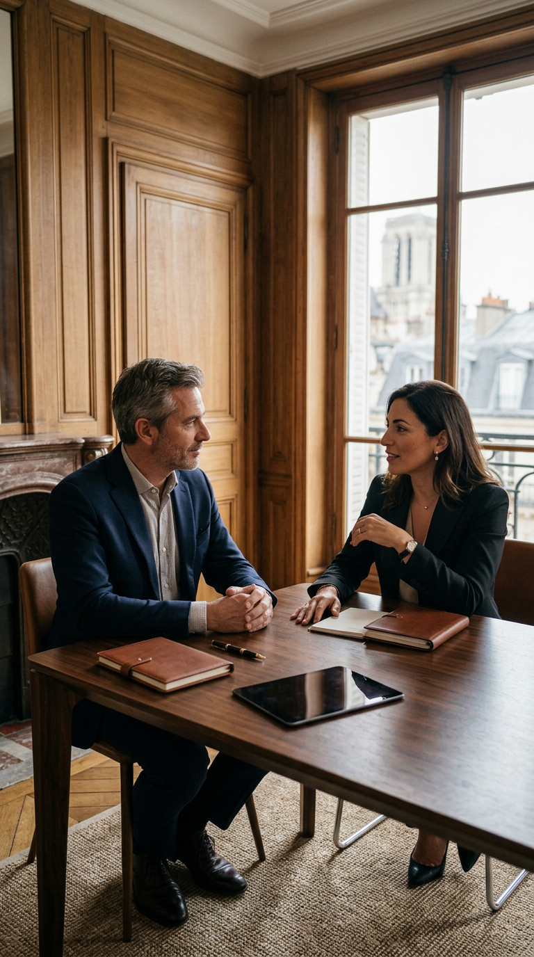 Deux collègues discutant dans un bureau lumineux