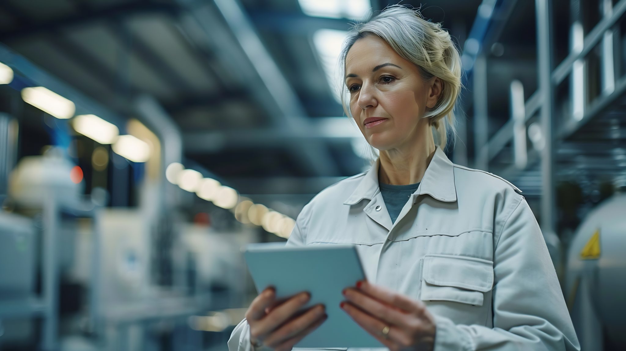 diligent quality supervisor hygienic workwear uses tablet monitor mana generative ai