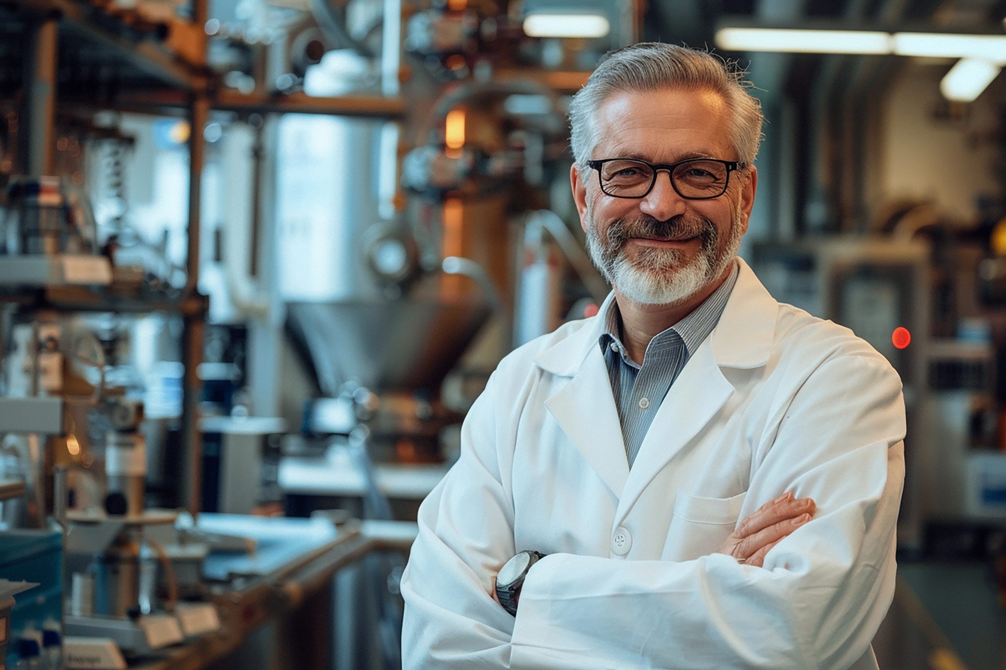 portrait confident mature male scientist standing with arms crossed factory