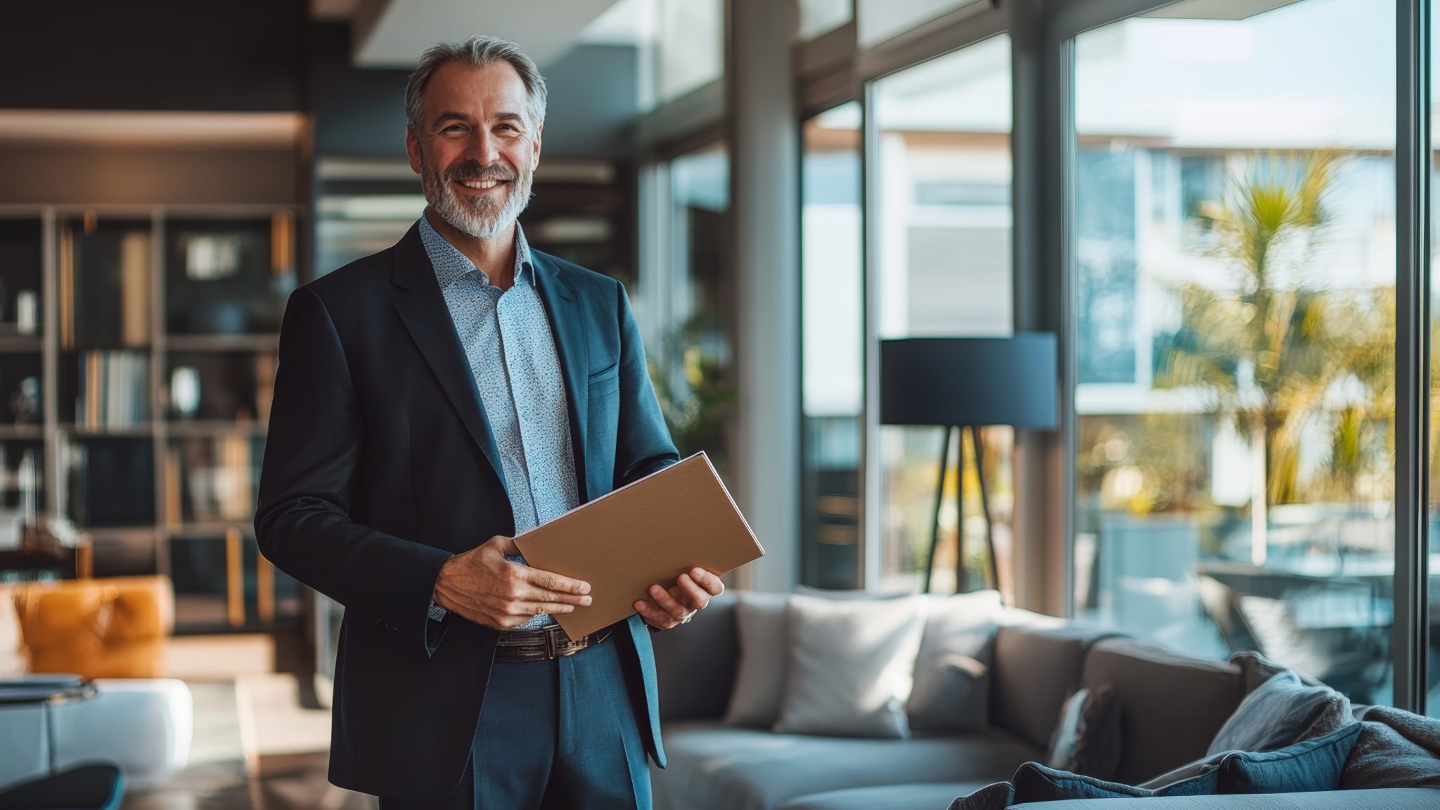 a senior male real estate agent standing in a stylish apartment, holding a folder and smiling