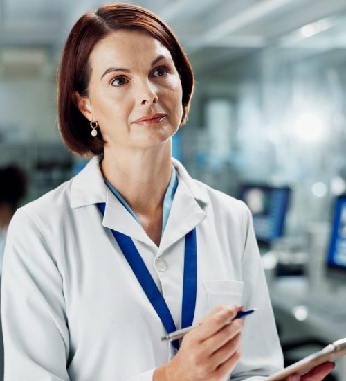woman medical clipboard lab thinking scientist researcher with results vision vaccine data healthcare medicine development happy professional life expansion study